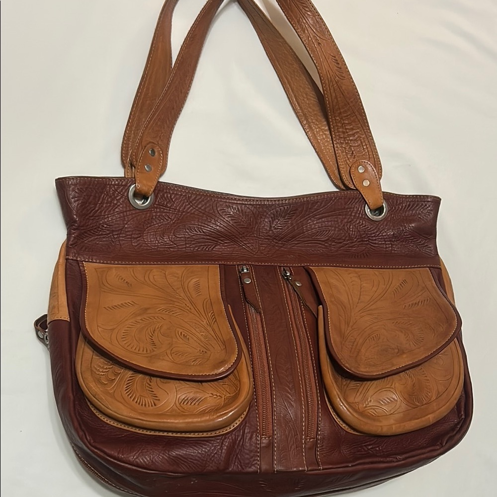 JL Saldivar Handcrafted Tooled Leather Brown and Tan Tote Bag perfect condition
